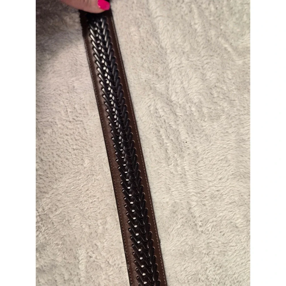 Mens Brwn Genuine Leather Braided Inlay Belt Gold Buckle Size 40/100 Handcrafted